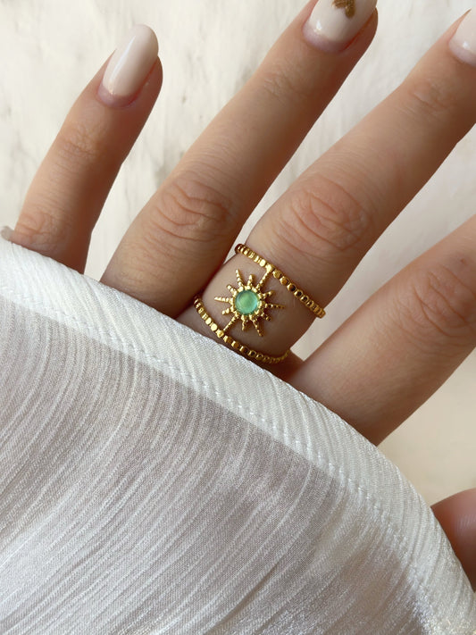 Bague pierre verte femme soleil doré - Aurorejewels