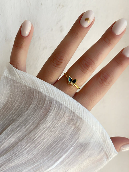 Bague papillon bleu et strass Acier inoxydable doré - Aurorejewels