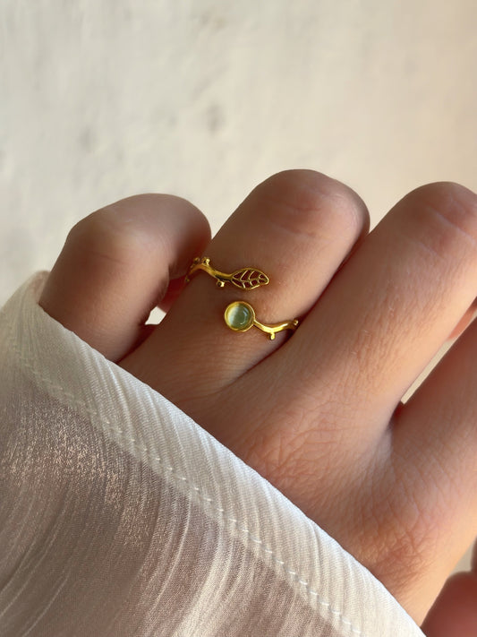 Bague feuille œil de chat pierre naturelle acier inoxydable  - Aurorejewels