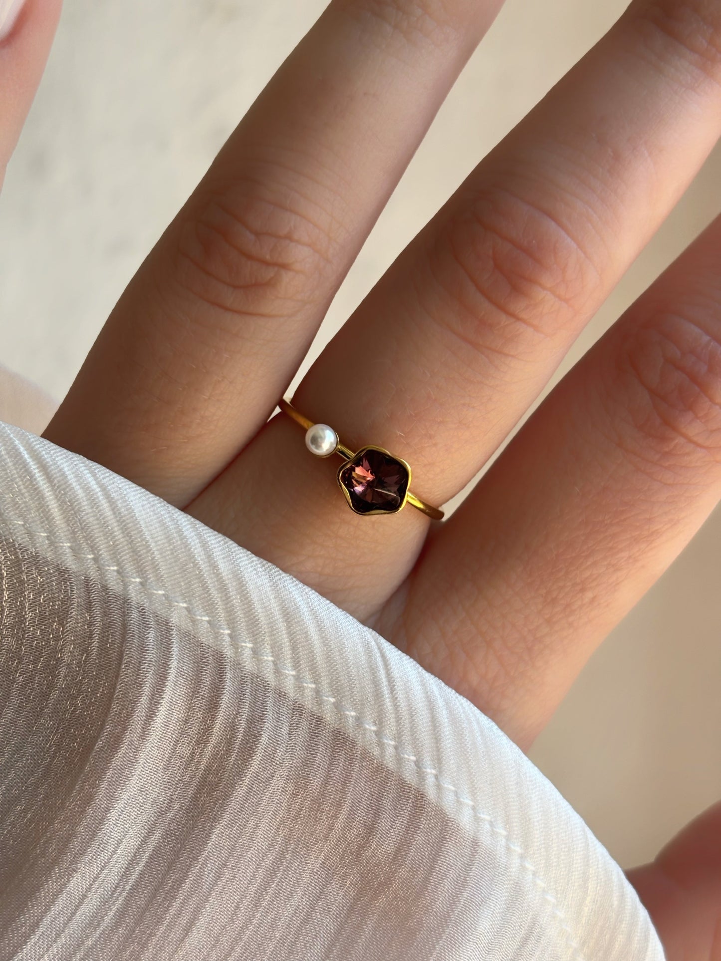 Bague fleur marron & perle accier inoxydable  - Aurorejewels
