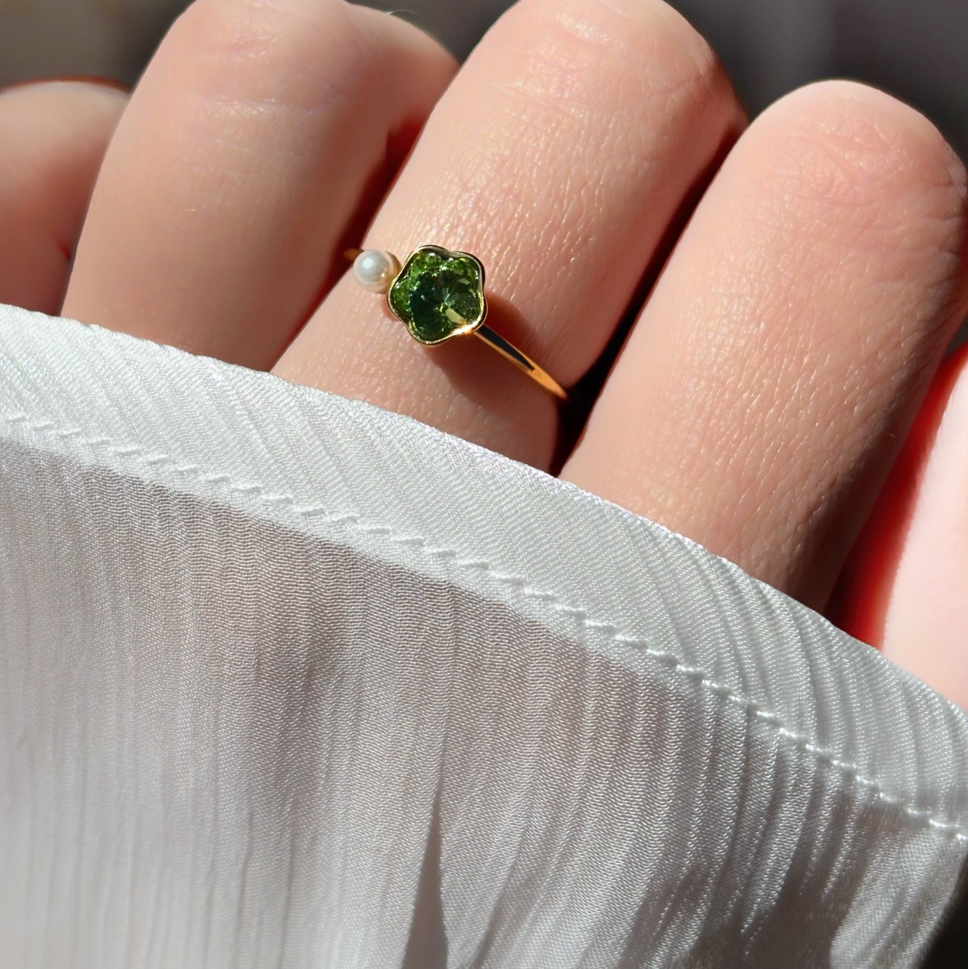 Bague fleur verte & perle - Aurorejewels