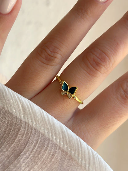 Bague papillon bleu et strass Acier inoxydable doré - Aurorejewels