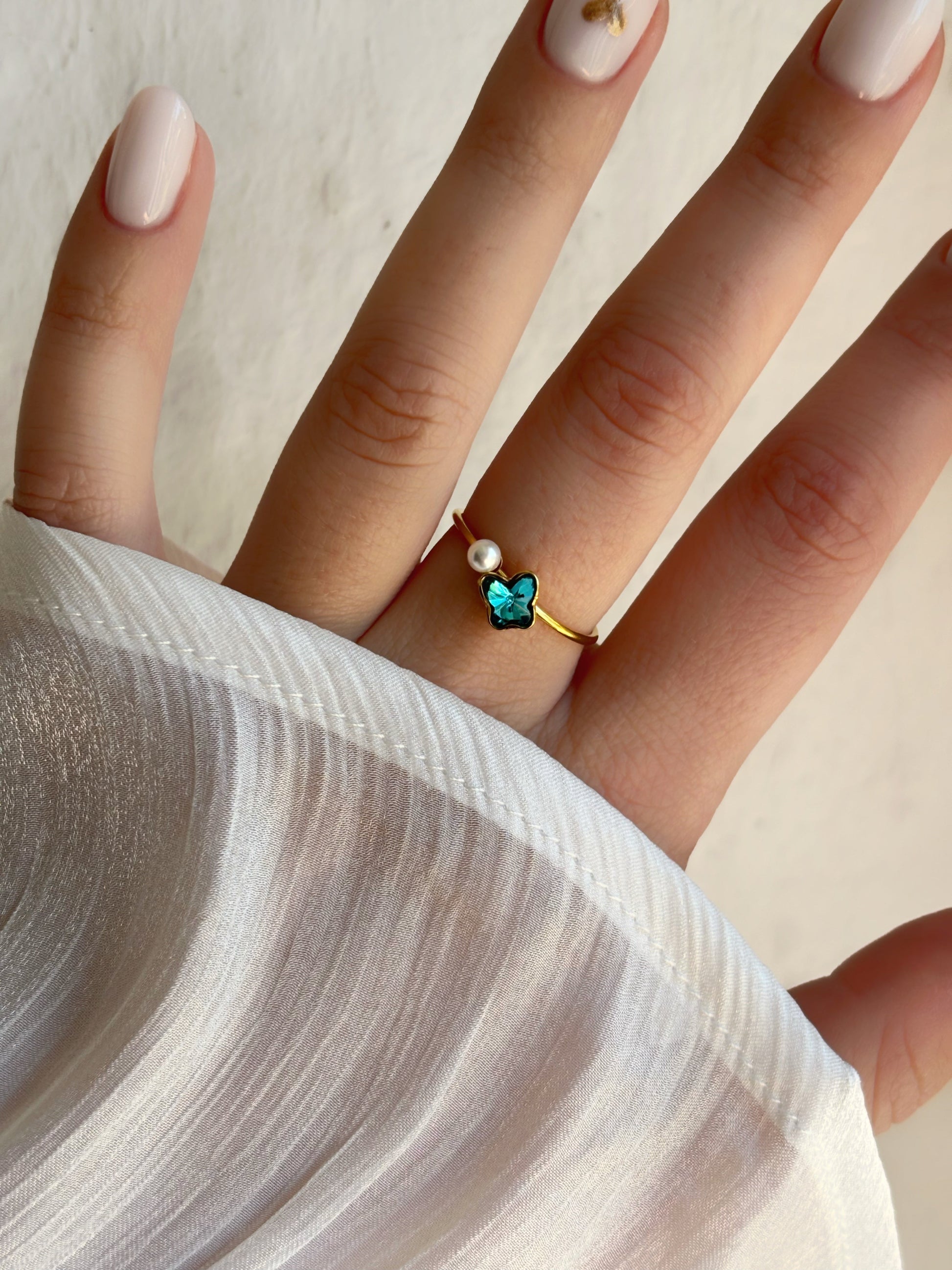 Bague papillon bleu & perle - Aurorejewels