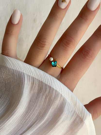 Bague papillon bleu & perle - Aurorejewels