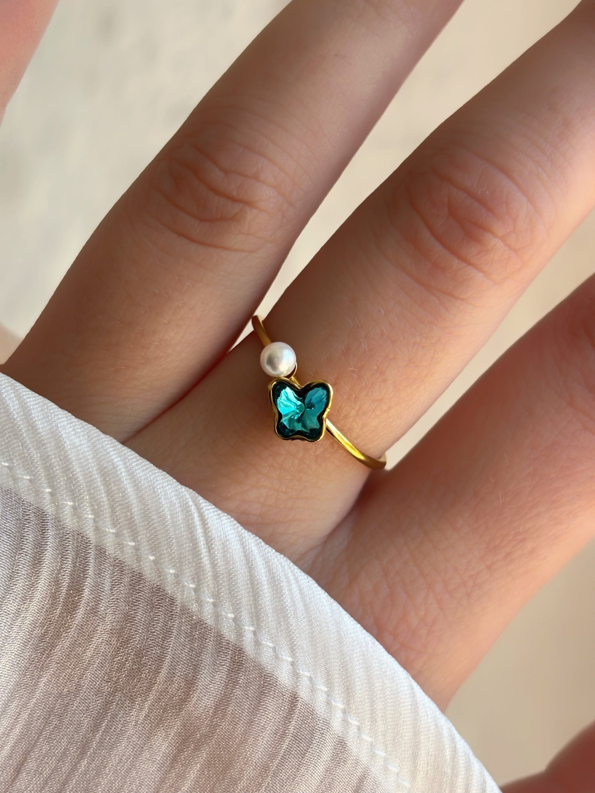 Bague papillon bleu & perle - Aurorejewels