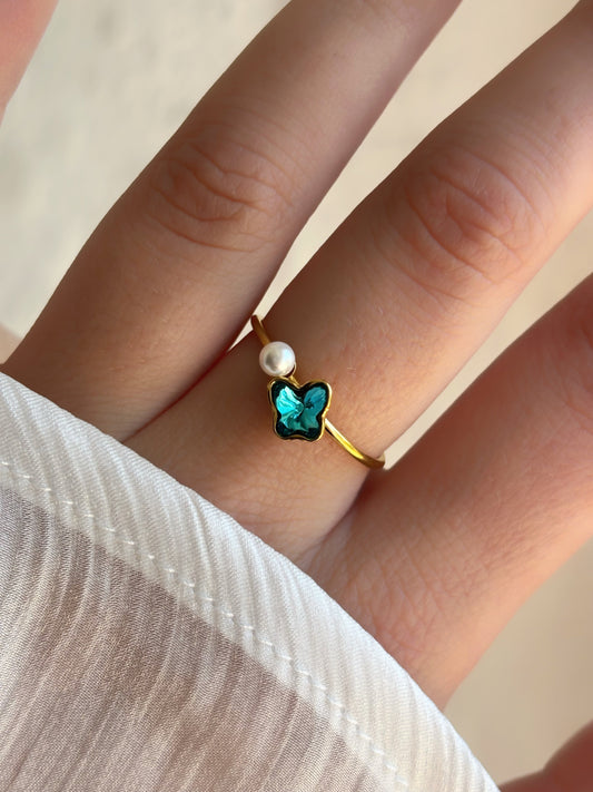 Bague papillon bleu & perle - Aurorejewels