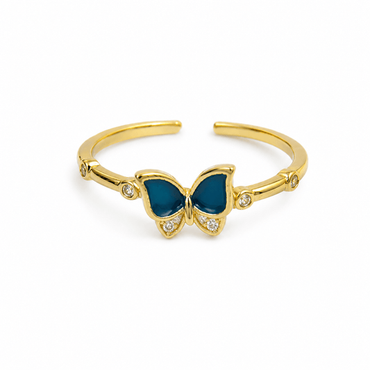 BAGUE PAPILLON BLEU STRASS ACIER INOXYDABLE DORÉ - Aurorejewels